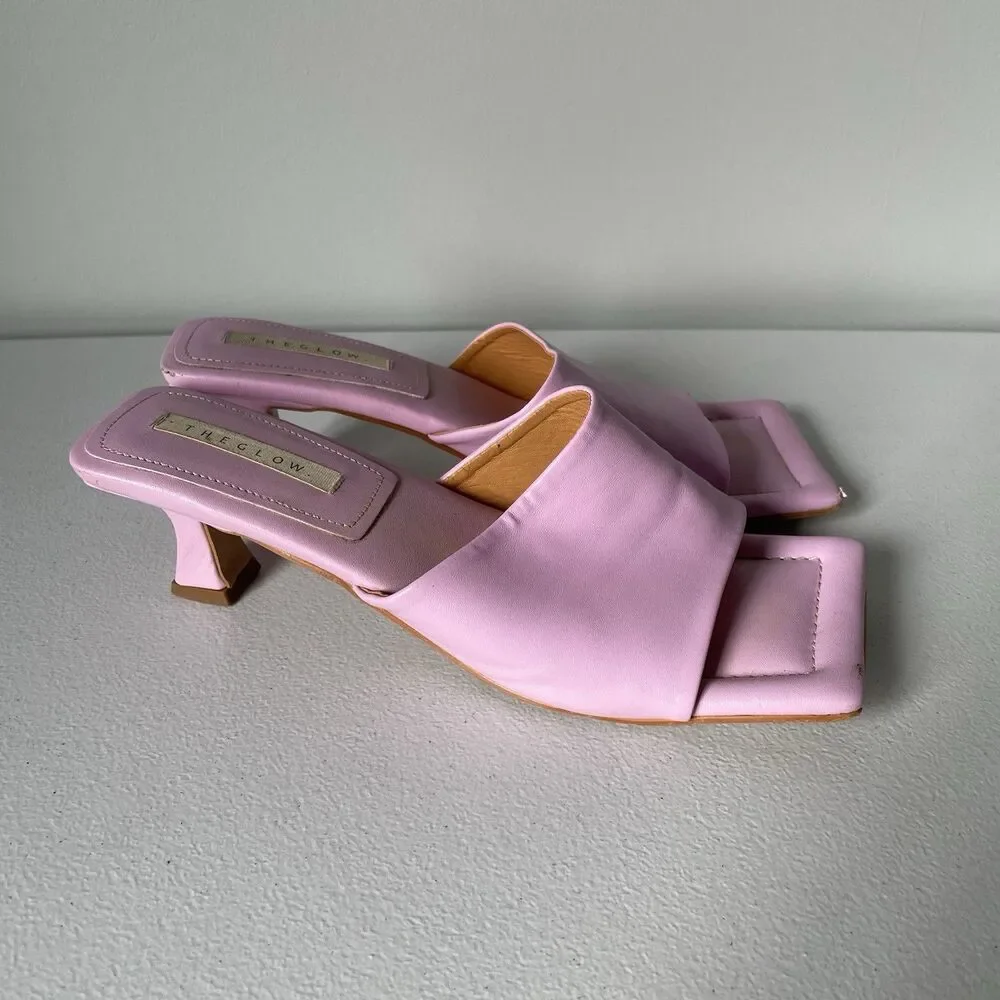 GLOW Leather Heels Square Toe Pink Purple Backless Slip On Women's Size 8